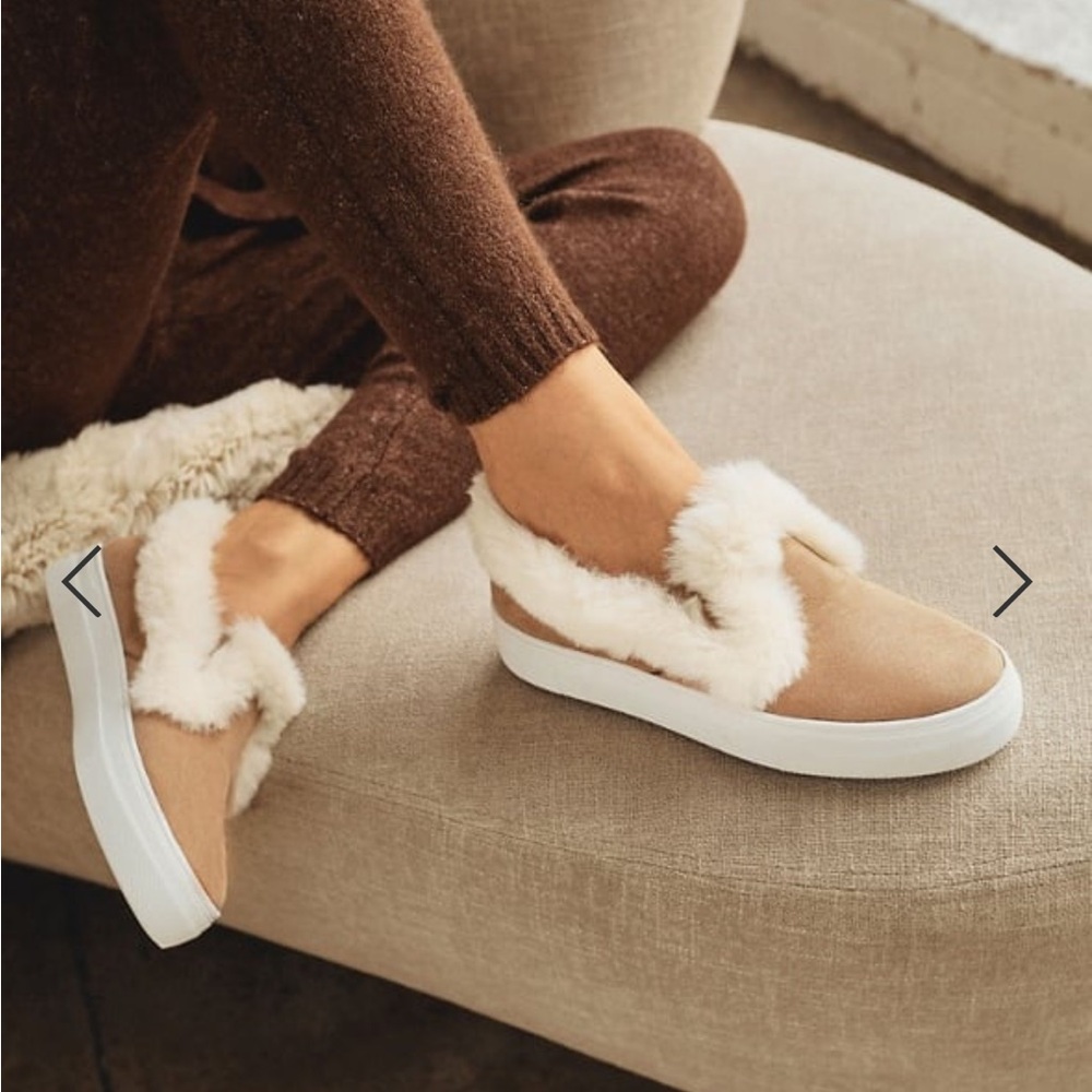 Tan and White Cozy Slip-On Slippers with Fur Lining